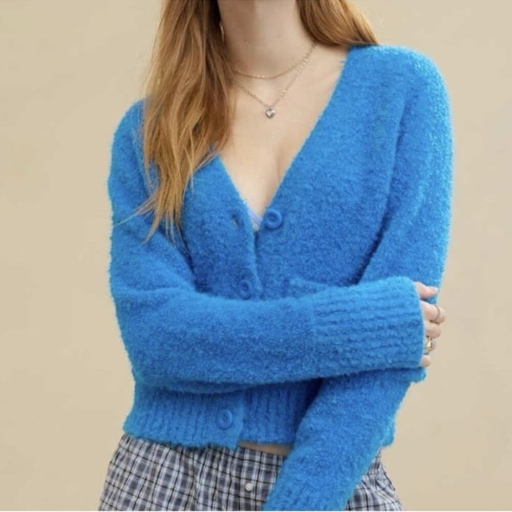Aerie Cerulean Blue Teddy Boucle Cropped Cardigan M Cozy Preppy Dopamine Indie